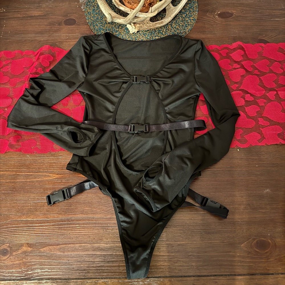 Black Long Sleeve Bodysuit with Buckle Details